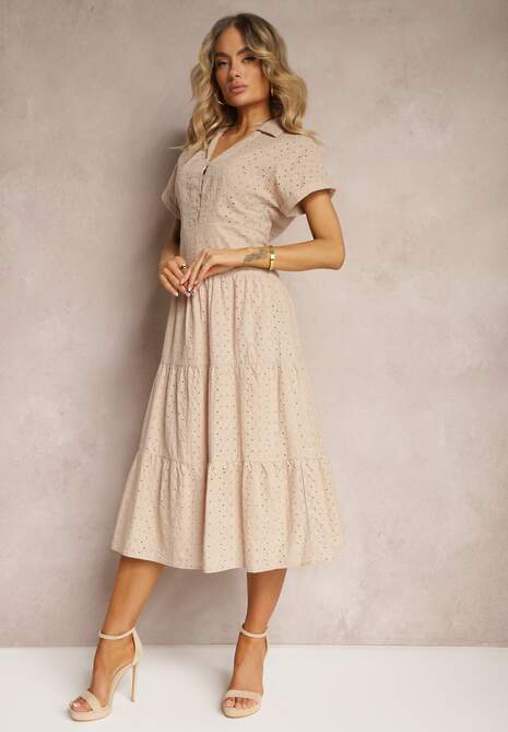 Beżowa Ażurowa Sukienka z Bawełny z Krótkim Rękawem i Guzikami Obitha