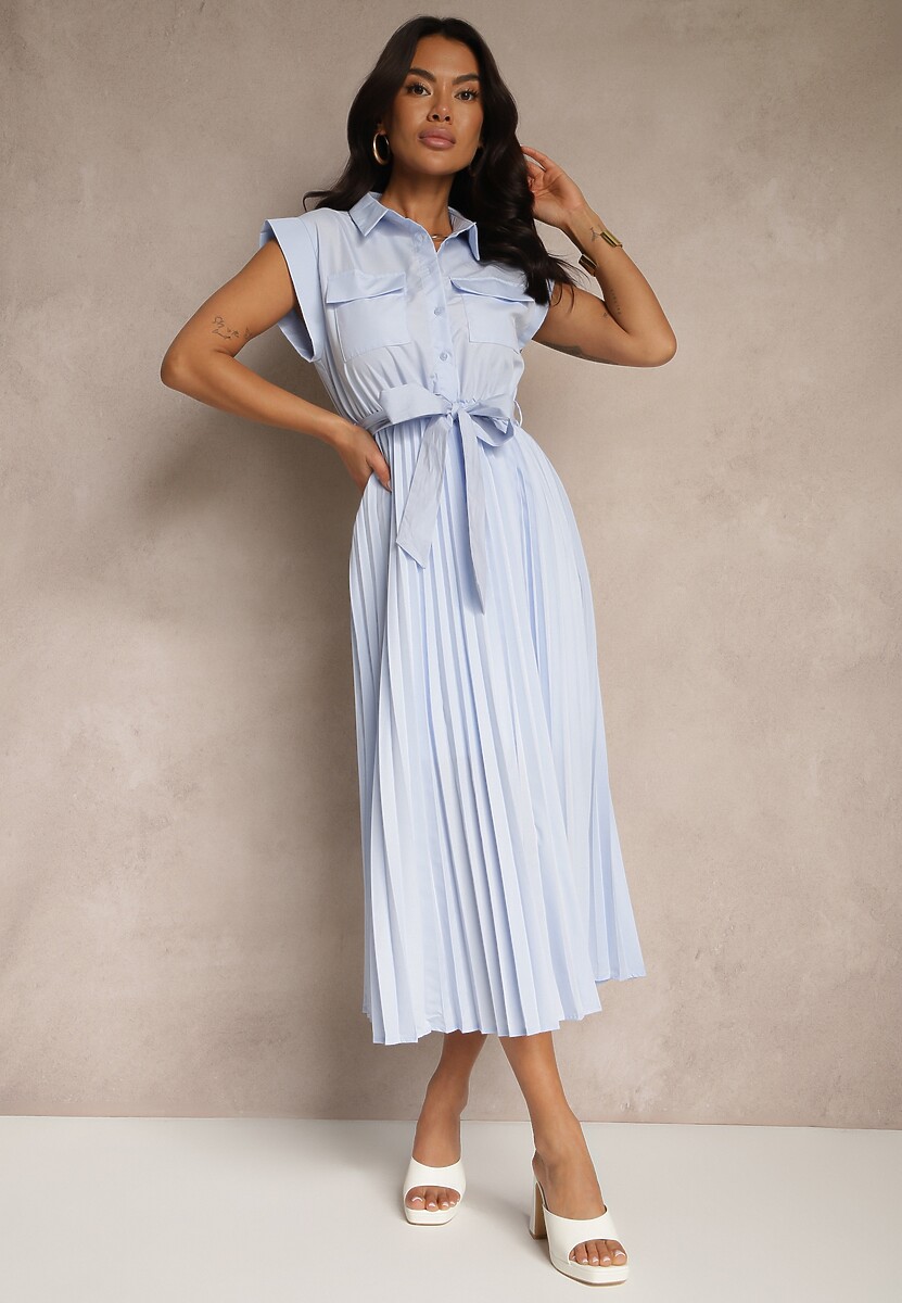 Granatowa Sukienka Plisowana z Bawełną Ozdobiona Paskiem Lirabelle