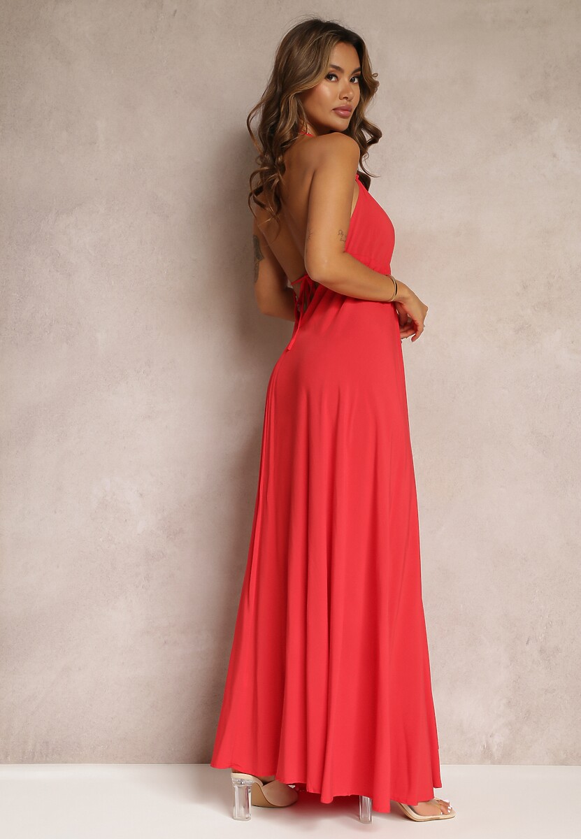 Czerwona Rozkloszowana Sukienka Bawełniana z Wiązaniem na Szyi Panethea