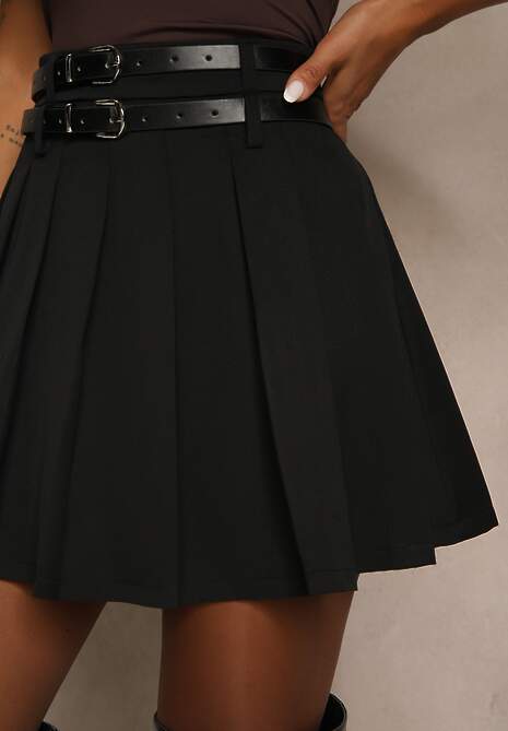 Czarna Rozkloszowana Spódnica z Bawełny z Paskami ze Sprzączkami Bayla