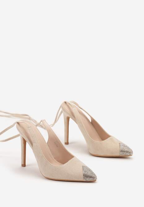 Beżowe Sandały z Noskiem Ozdobionym Cyrkoniami i Wiązaniem wokół Łydki na Szpilce Hlienoma