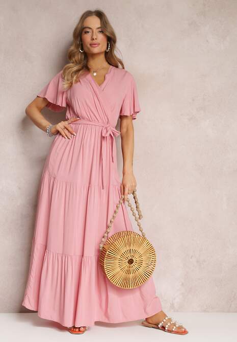 Różowa Rozkloszowana Sukienka z Falbanką i Wiązanym Paskiem Adotine