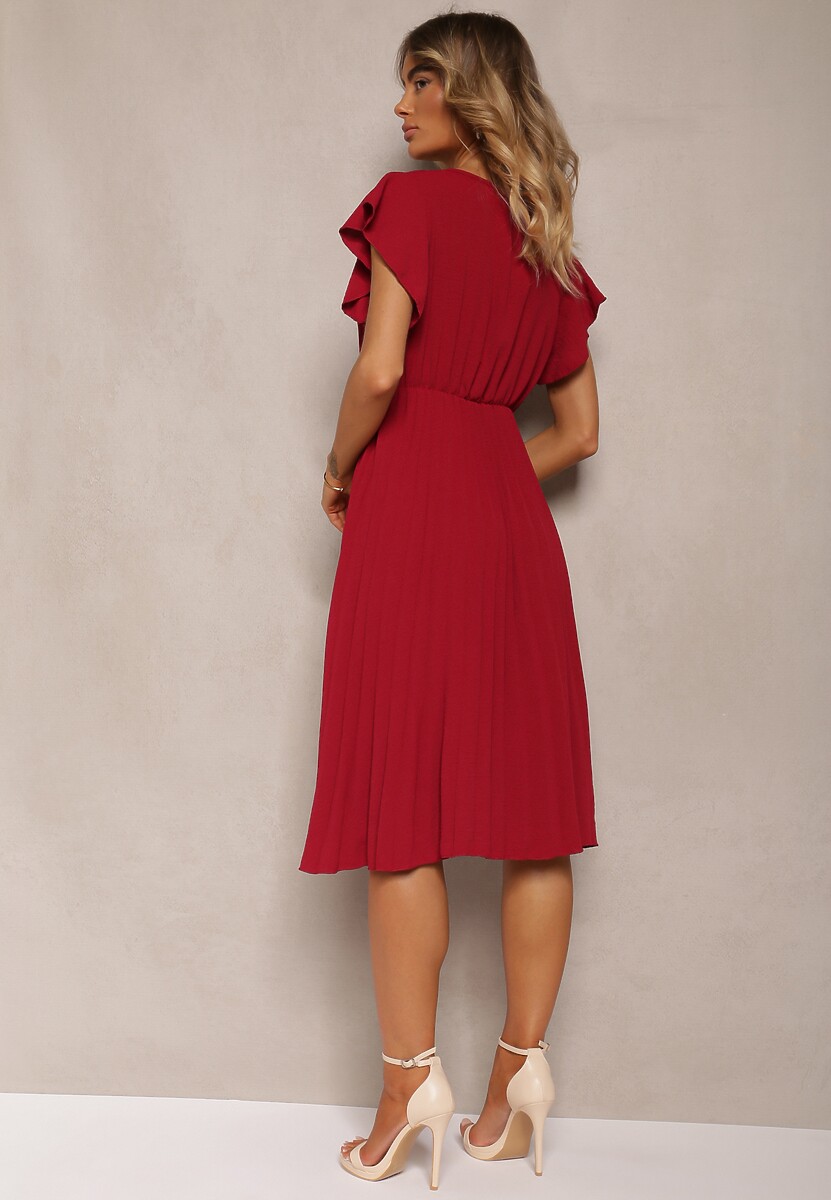 Bordowa Rozkloszowana Sukienka z Plisami i Dekoltem w V Rissari