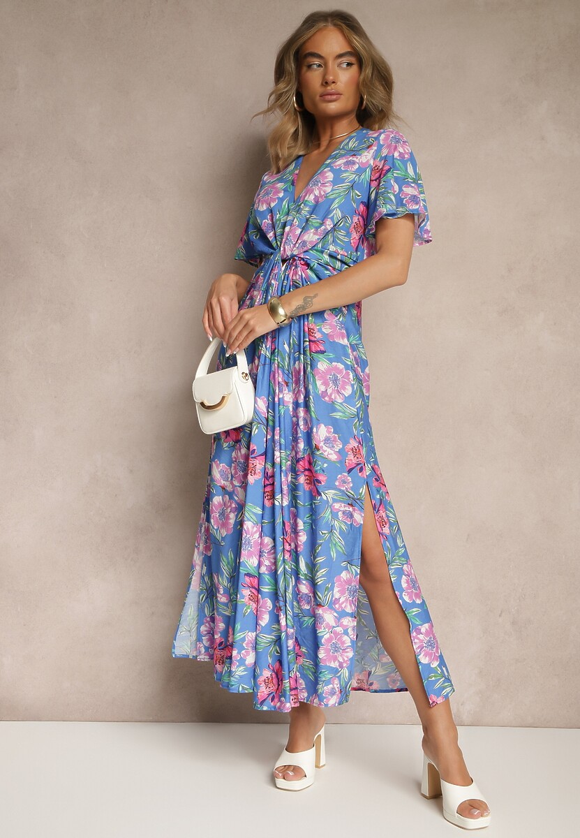 Niebieska Wiskozowa Sukienka w Kwiaty z Rozcięciami i Węzłem Efria