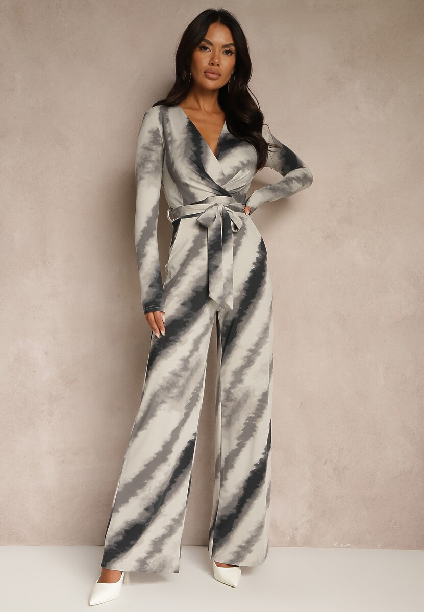 Szaro-Czarny Kombinezon z Trójkątnym Dekoltem i Paskiem w Talii Nanthe