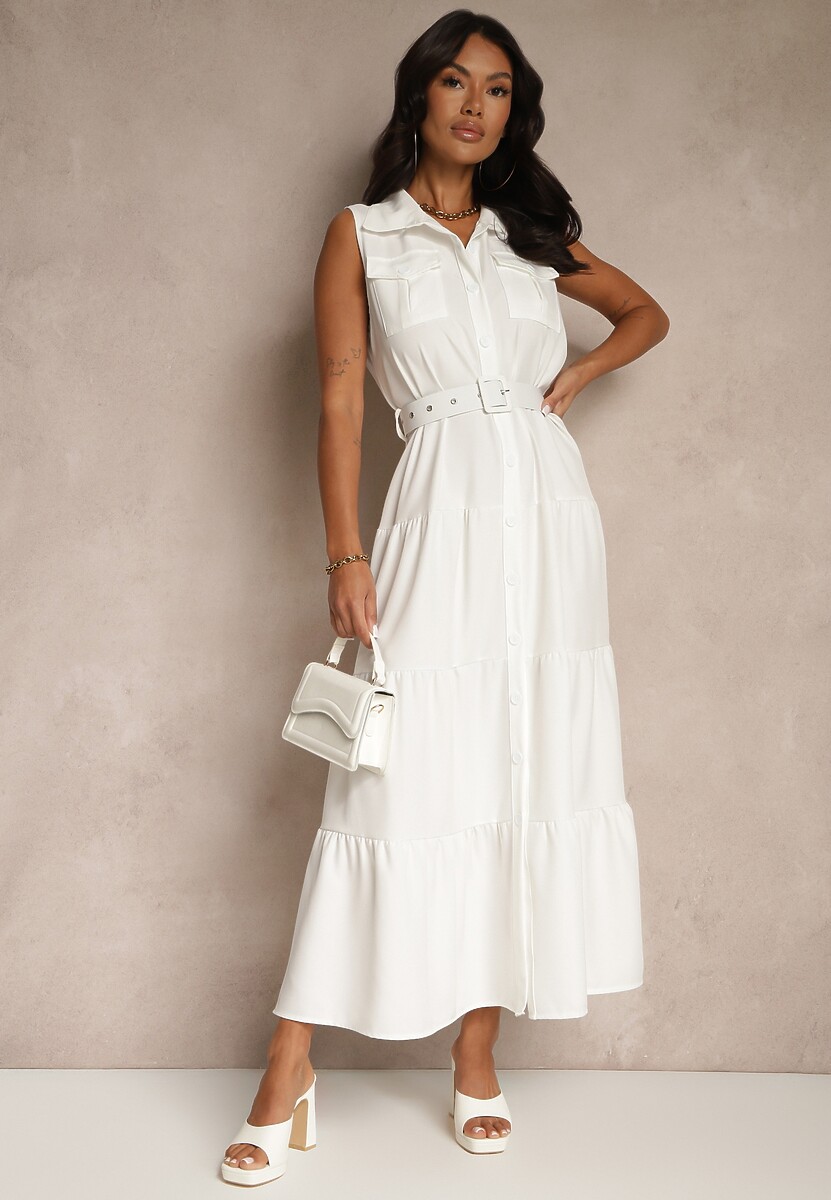 Biała Sukienka Koszulowa z Ozdobnymi Guzikami i Paskiem Maviosa