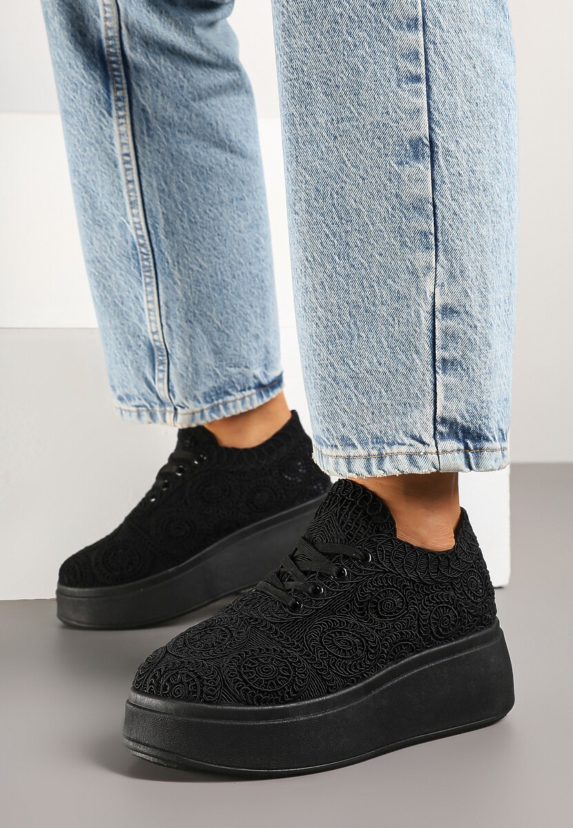 Czarne Szydełkowe Sneakersy Typu Tenisówki na Platformie Filalena