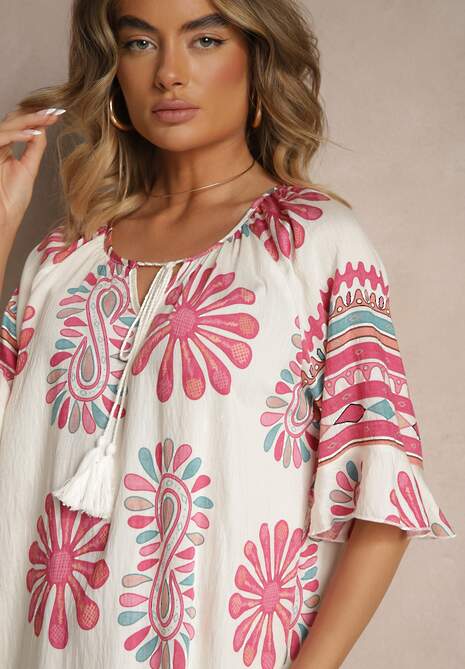 Różowa Pudełkowa Sukienka z Wiskozy w Abstrakcyjny Wzór Revirelle