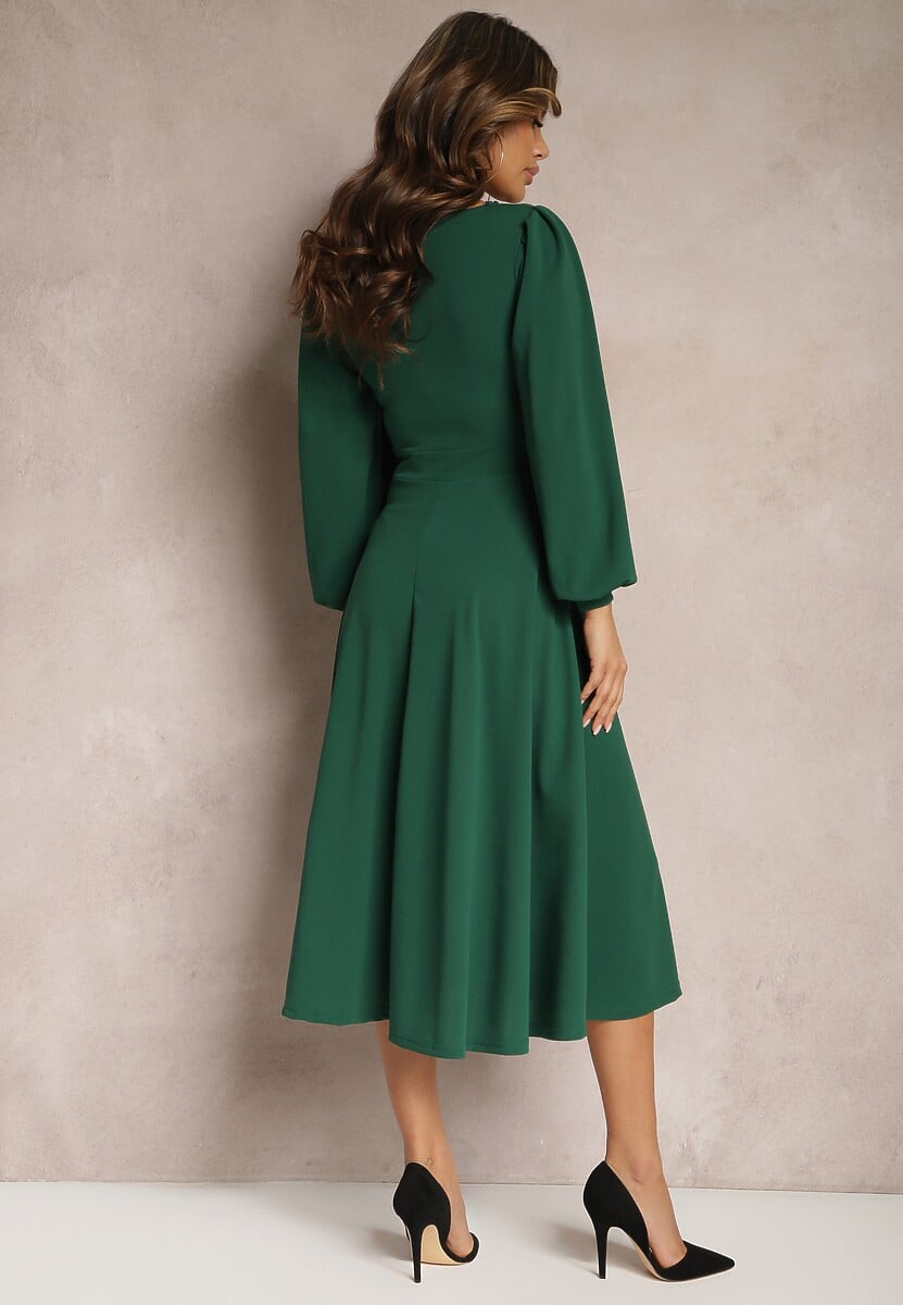 Zielona Sukienka Midi o Rozkloszowanym Fasonie z Bufiastymi Rękawami Amatya