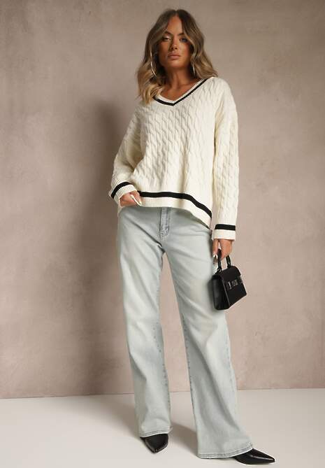 Jasnobeżowy Sweter w Stylu Preppy z Dodatkiem Kaszmiru i Warkoczowym Splotem Belmire