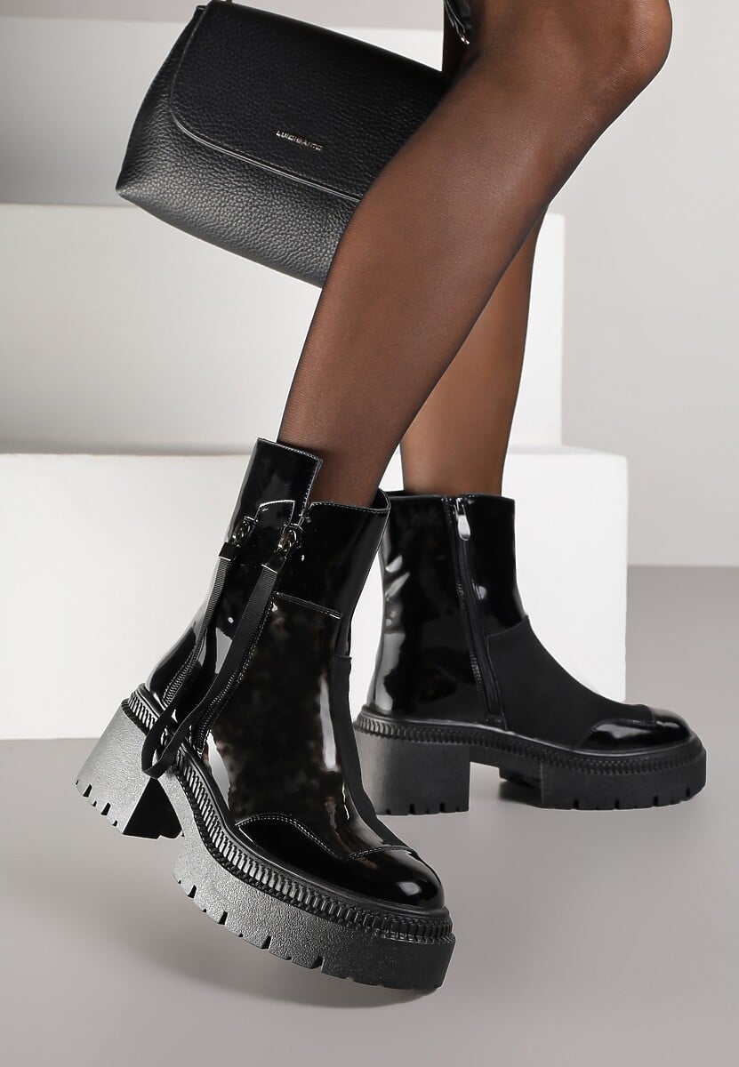 Czarne Botki Lakierowane Vices Ozdobione Tasiemką Rotine