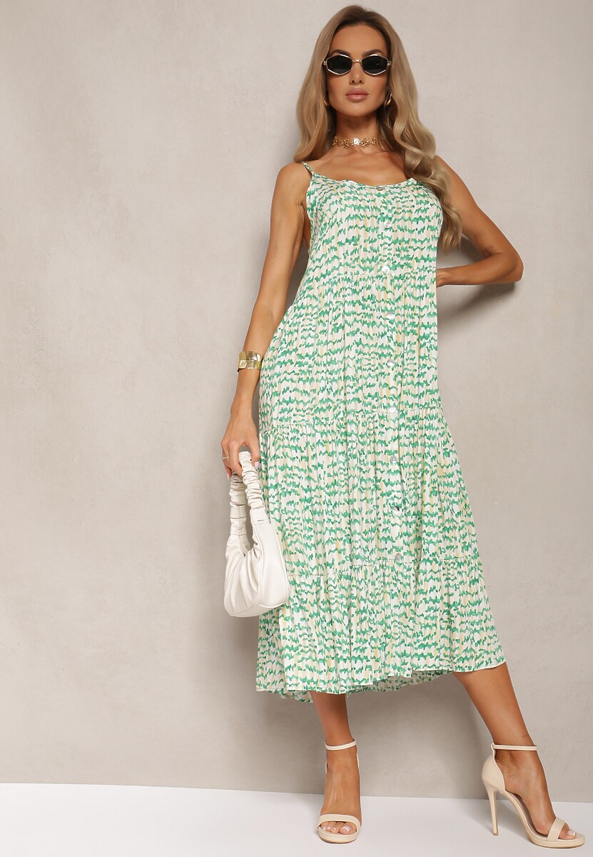 Zielona Sukienka z Wiskozy na Regulowanych Ramiączkach z Falbanką i Guzikami Vikisha