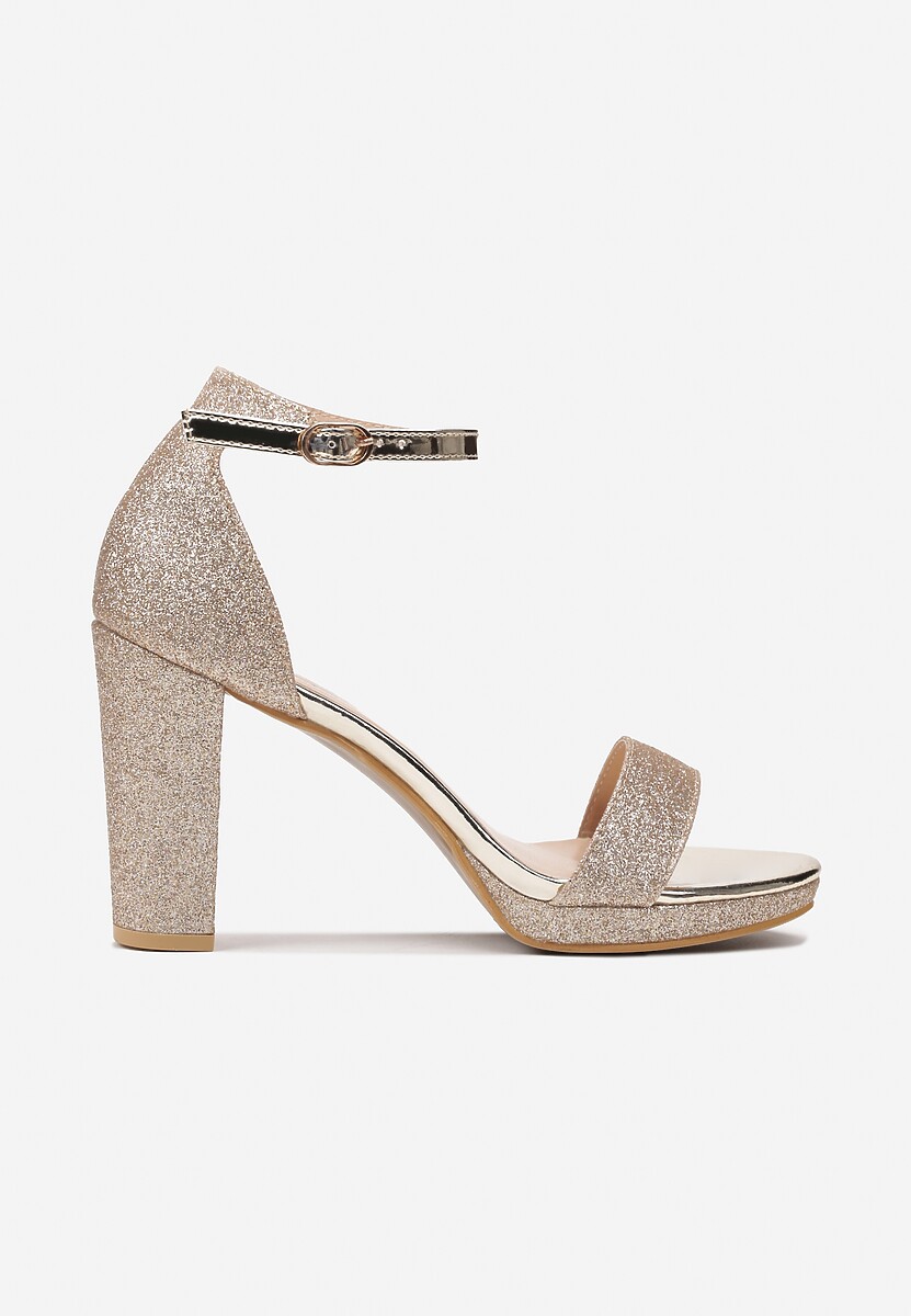 Złote Sandały na Słupku Zdobione Brokatem Aldohr