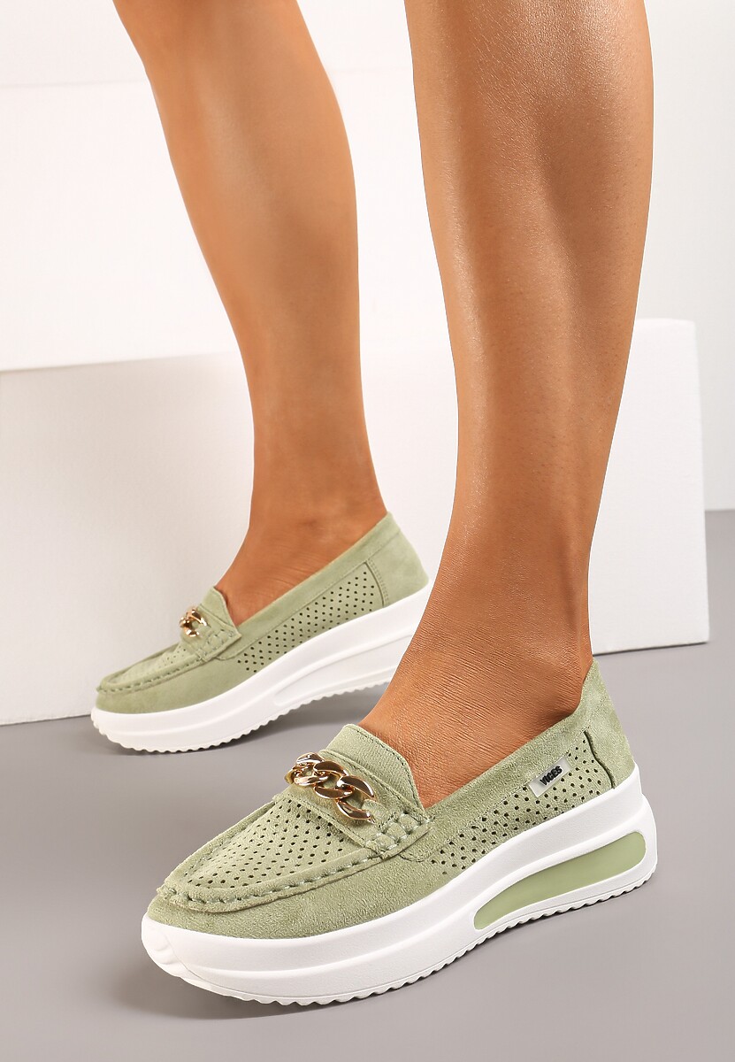 Zielone Mokasyny na Platformie z Łańcuszkiem Himenna