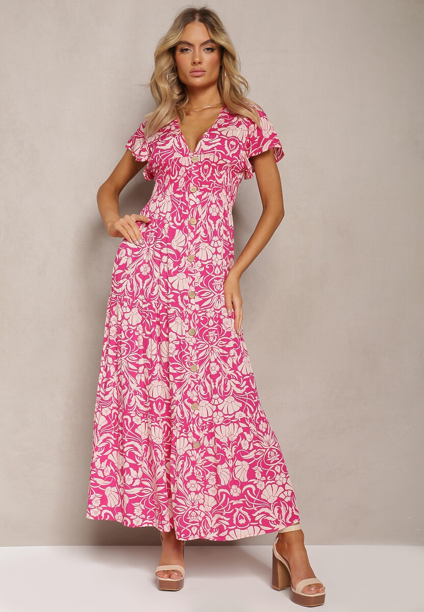 Miętowa Maxi Sukienka Rozkloszowana z Kopertowym Dekoltem w Kwiatowy Wzór Leivori