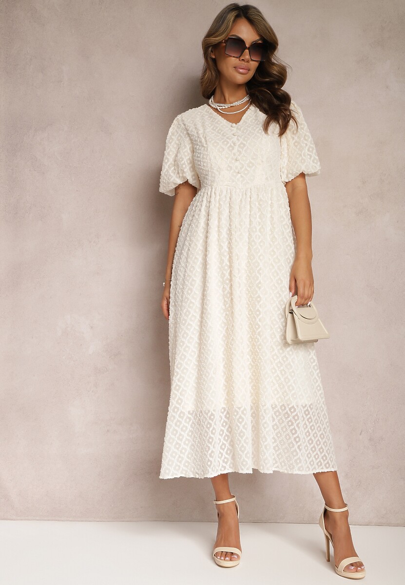 Beżowa Rozkloszowana Sukienka Haftowana Maxi z Krótkim Rękawem Garneta