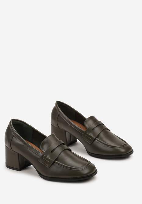 Zielone Półbuty na Niskim Słupku z Ozdobnym Paskiem i Kwadratowym Noskiem Porride