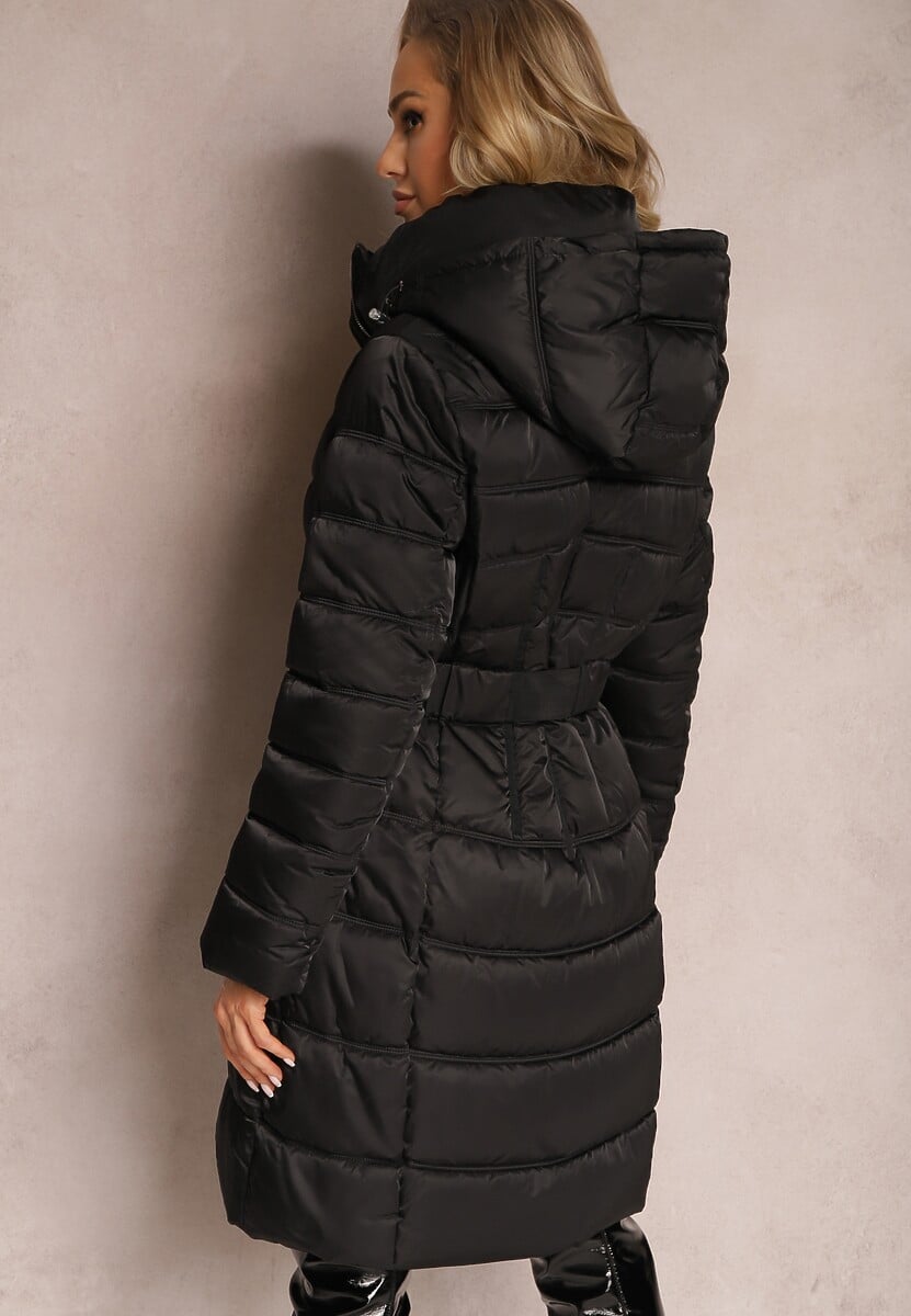 Czarna Kurtka Płaszcz z Poziomym Pikowaniem i Paskiem w Talii Nondra