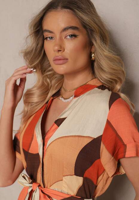 Jasnobrązowa Wiskozowa Sukienka Koszulowa z Paskiem w Geometryczny Print Falintia