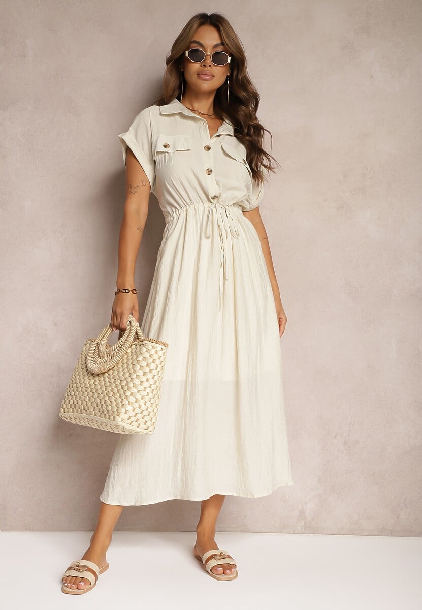 Beżowa Sukienka z Wiskozy o Rozkloszowanym Kroju z Gumką w Pasie i Napami Memvia