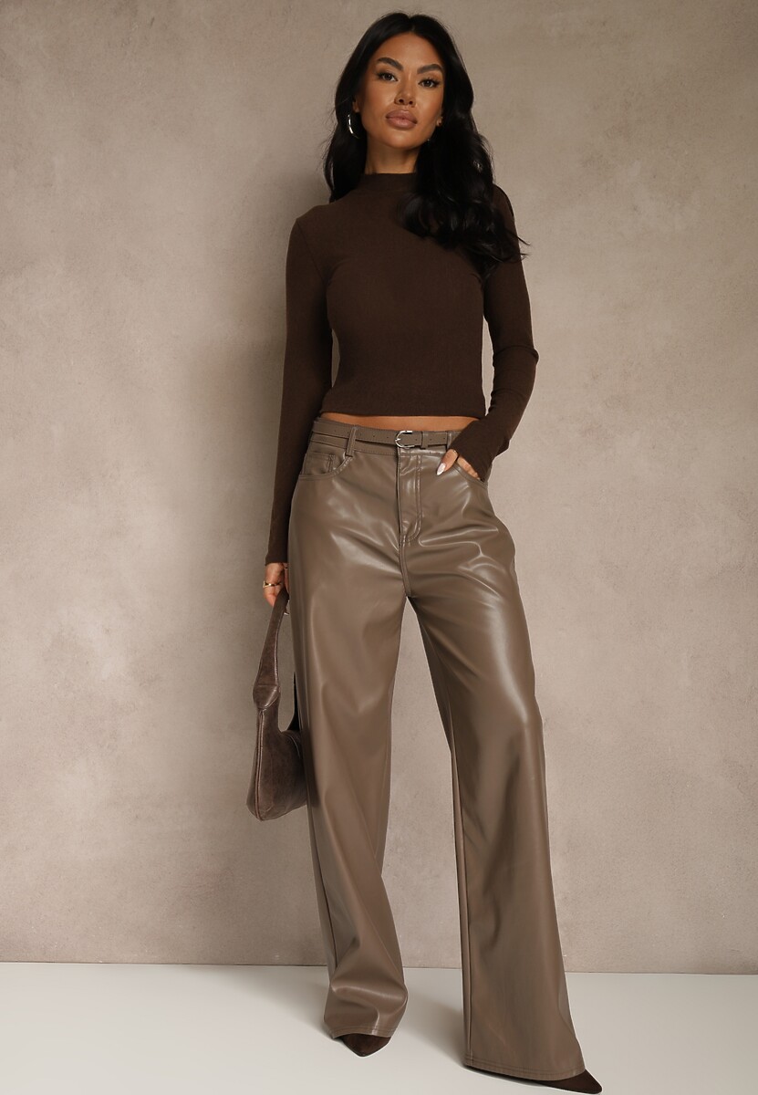 Brązowa Półtransparentna Bluzka Longsleeve ze Stójką z Dodatkiem Wiskozy Tusliana