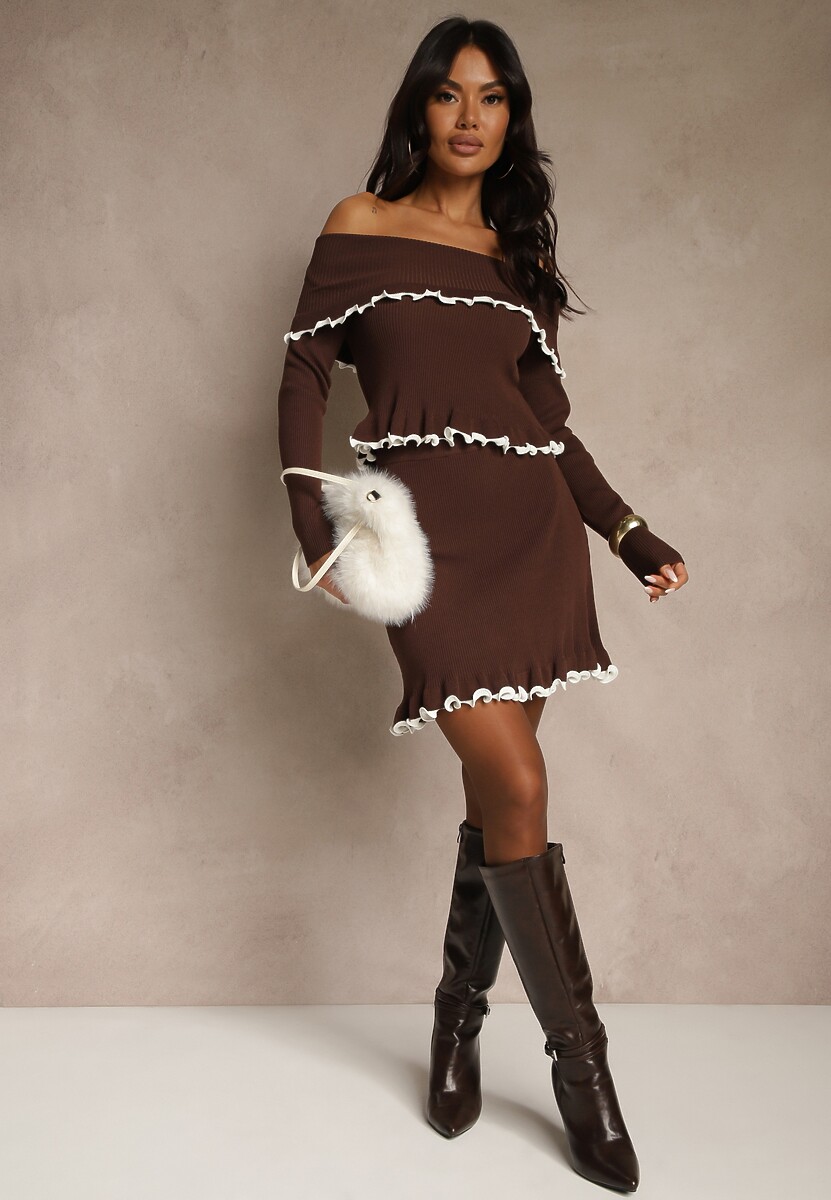 Brązowy Komplet Dzianinowy z Wiskozą Bluzka z Odkrytymi Ramionami i Spódnica Zozalina