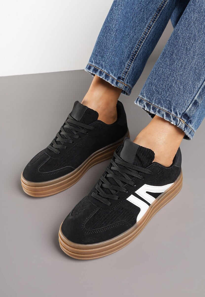 Czarne Sneakersy Tenisówki na Platformie z Tłoczeniem i Geometrycznym  Motywem Kialie