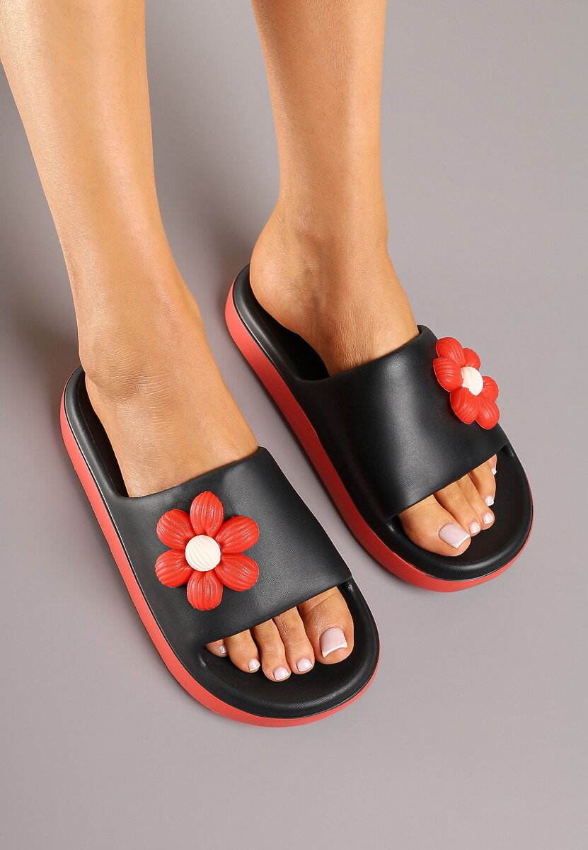 Czarno-Czerwone Klapki Piankowe Basenowe z Aplikacją Kwiatka Glemissea