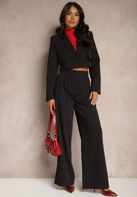 Czarny Garniturowy Komplet Marynarka Cropped i Szerokie Spodnie Mairilee