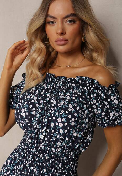 Granatowa Bawełniana Sukienka Midi Hiszpanka z Gumką w Pasie Dnise