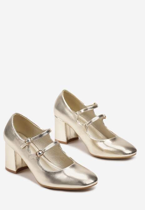 Złote Lakierowane Czółenka na Grubym Słupku z Paskami Ysolde