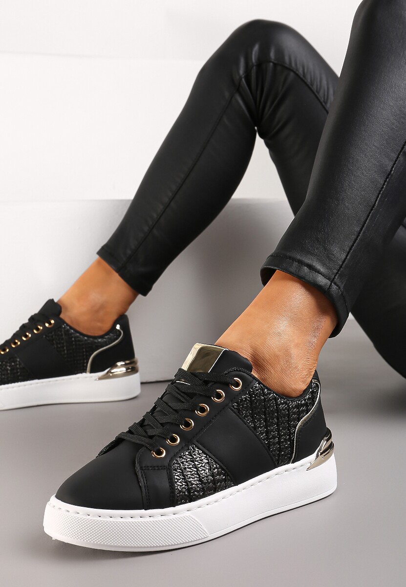 Biało-Beżowe Sznurowane Sneakersy z Ekoskóry z Plecionką i Metaliczną Wstawką Josephina