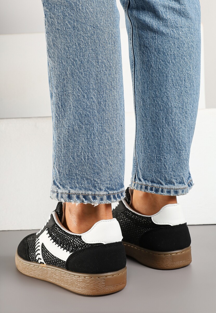 Czarne Sneakersy w Stylu Klasycznych Tenisówek Zdobione Przeszyciami i Tweedem Koriznne