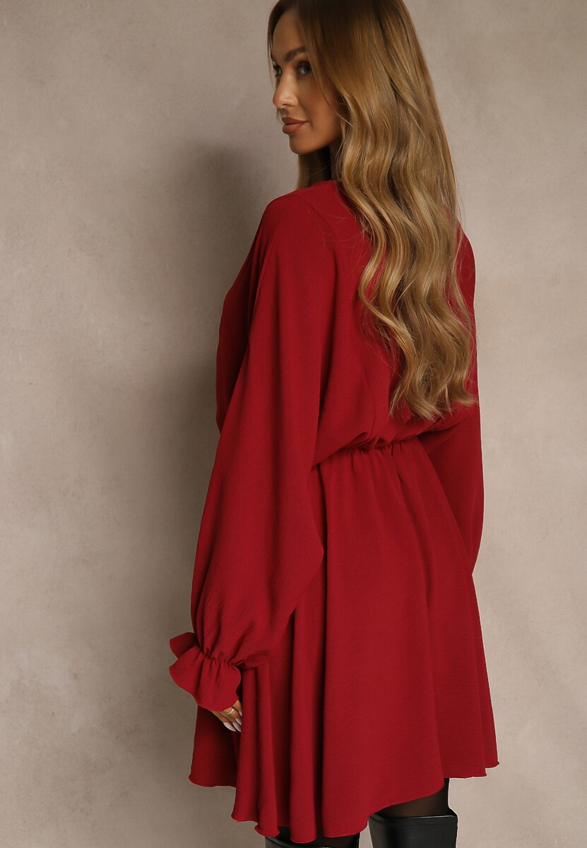 Bordowa Rozkloszowana Sukienka z Gumką w Talii i przy Mankietach Tesunela