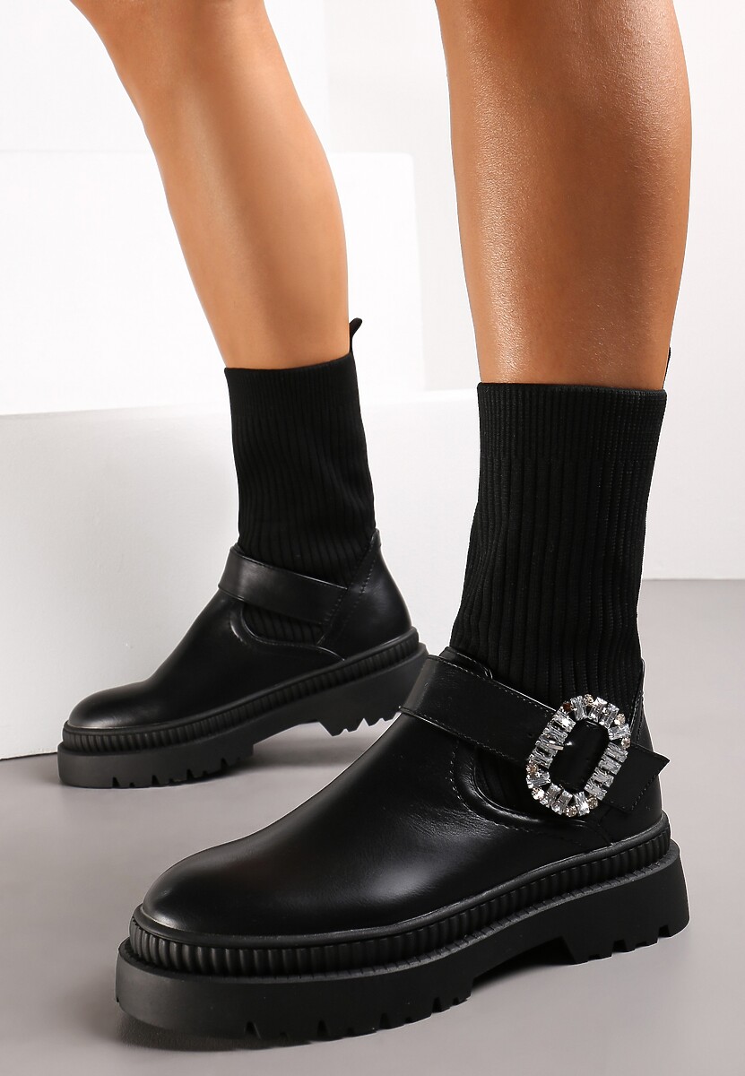 Beżowe Botki Workery z Dzianinową Elastyczną Cholewką i Biżuteryjną Klamrą Nalipno