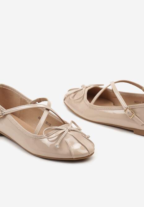 Beżowe Płaskie Balerinki z Imitacji Skóry Z Ozdobnymi Paskami i Sprzączką Zdobione Kokardką Xisaa