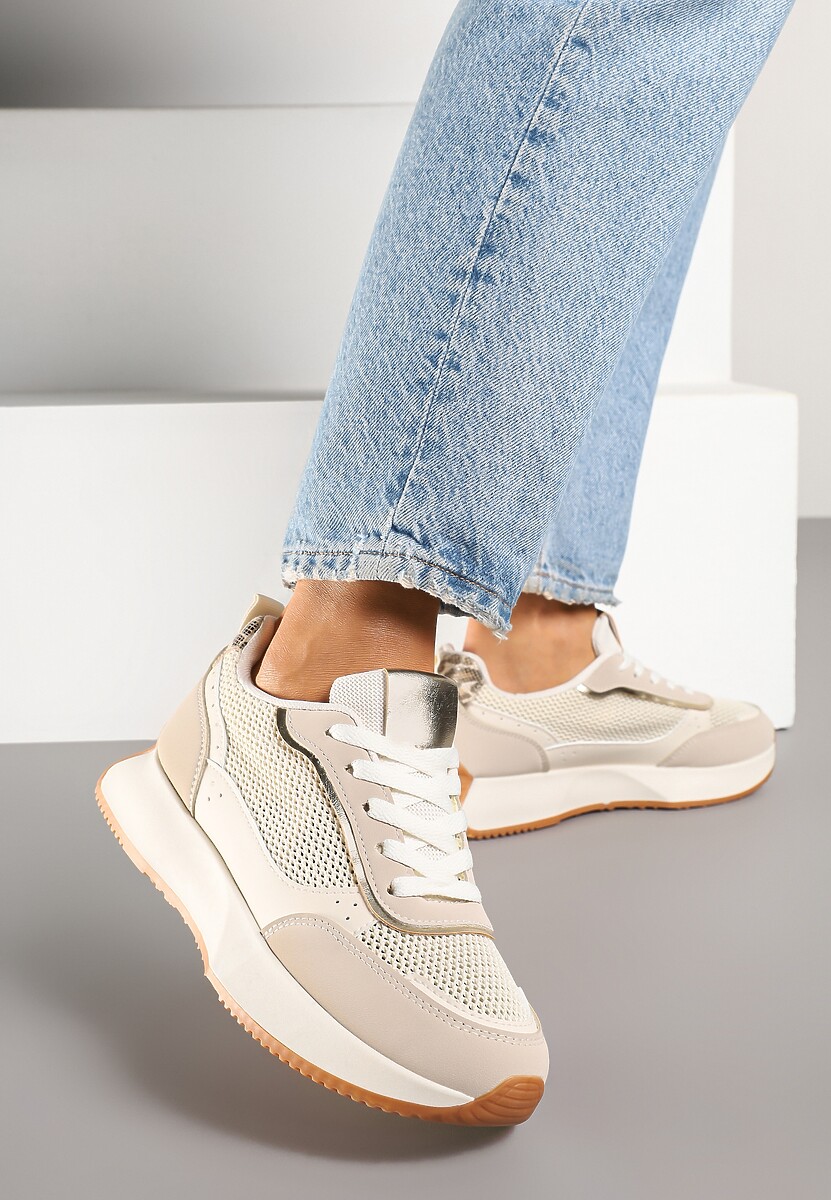 Beżowe Sneakersy Ozdobione Geometrycznym Motywem Calgis