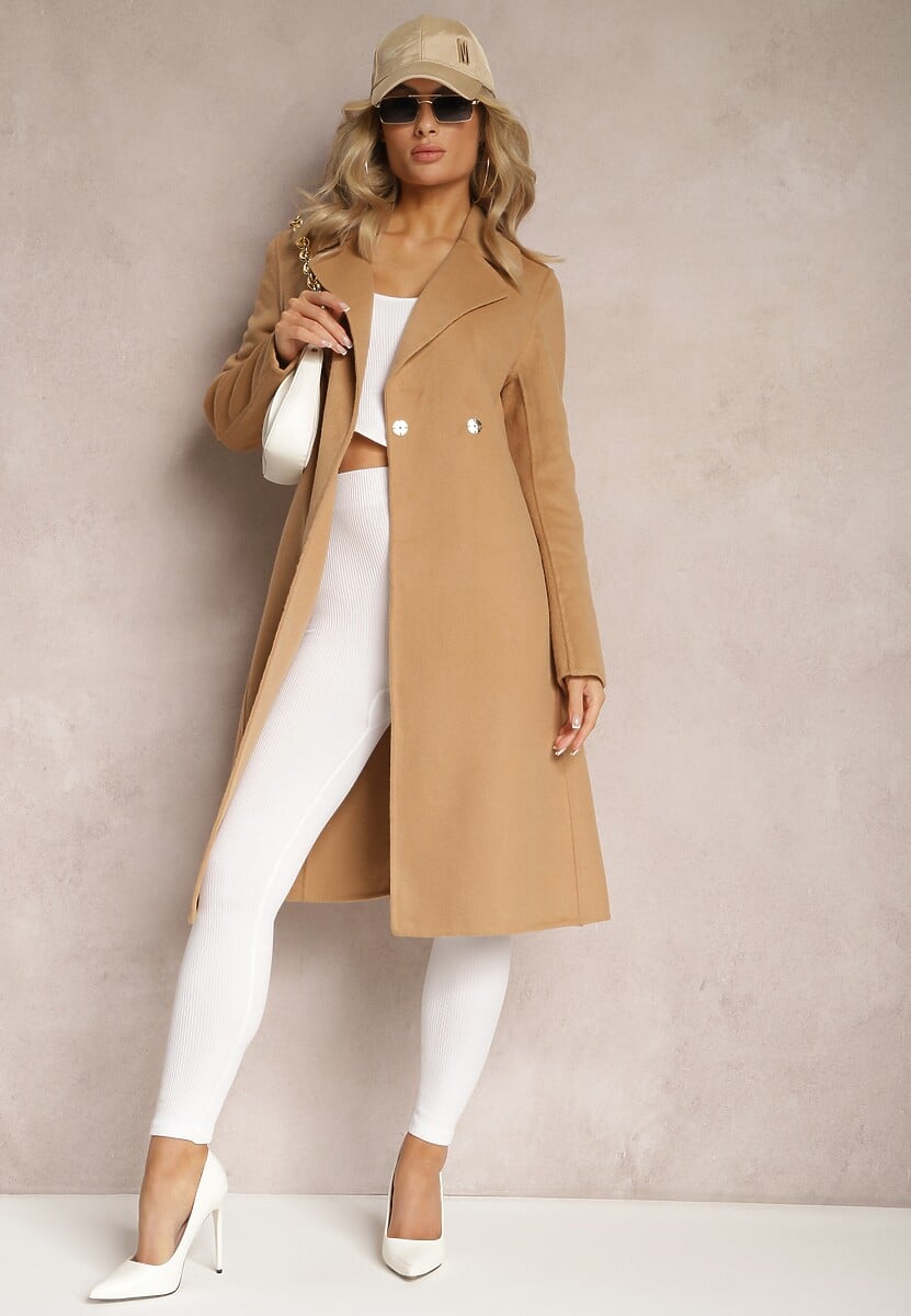 Brązowy Gładki Płaszcz z Materiałowym Paskiem i Zapięciem na Napy Arkella