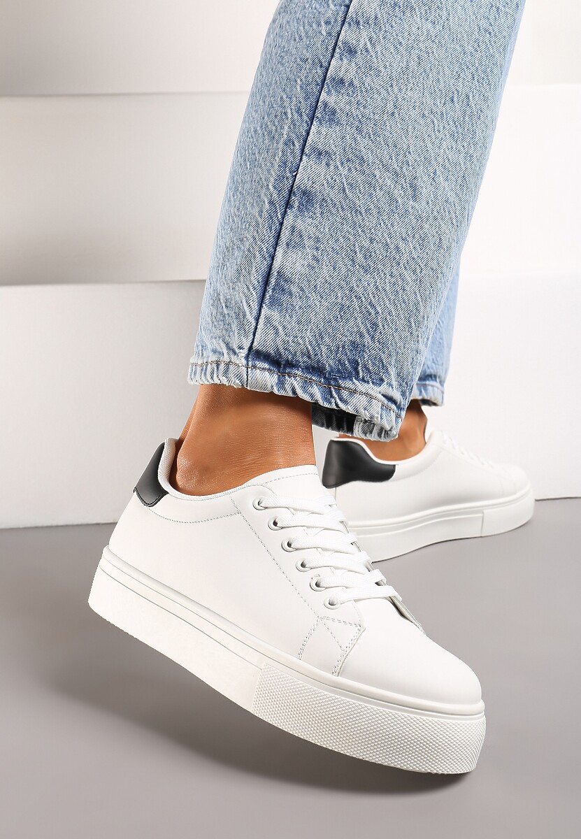 Biało-Czarne Sneakersy z Cholewką przed Kostkę na Platformie Longana