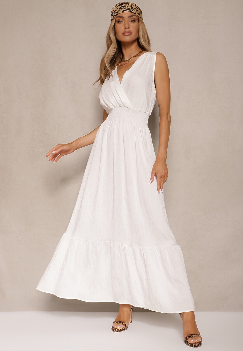 Różowa Rozkloszowana Sukienka o Kopertowym Fasonie z Gumką w Talii Filadira