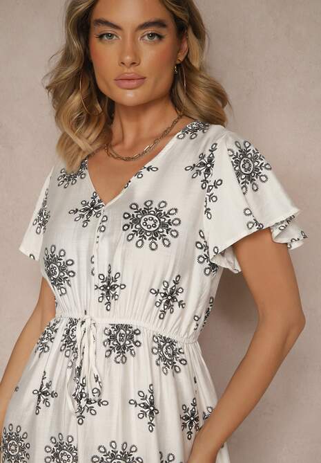 Biało-Czarna Sukienka z Wiskozy Ozdobiona Falbanką i Kwiatami Lumacelle