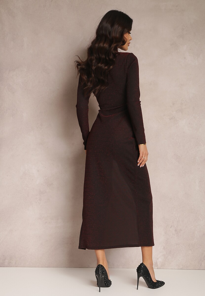 Czarno-Czerwona Sukienka ze Stójką i Marszczeniem Maxi Chaze