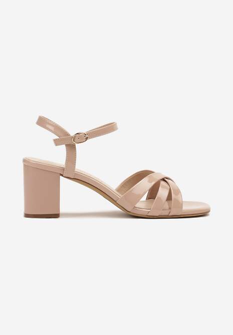 Ciemnobeżowe Sandały Lakierowane na Słupku ze Skórzaną Wkładką Folimea