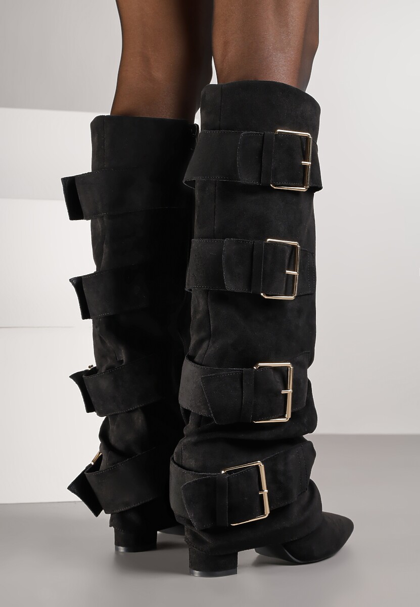 Czarne Kozaki na Słupkowym Obcasie z Klamrami i Cholewką Imitującą Nogawkę Arwellia