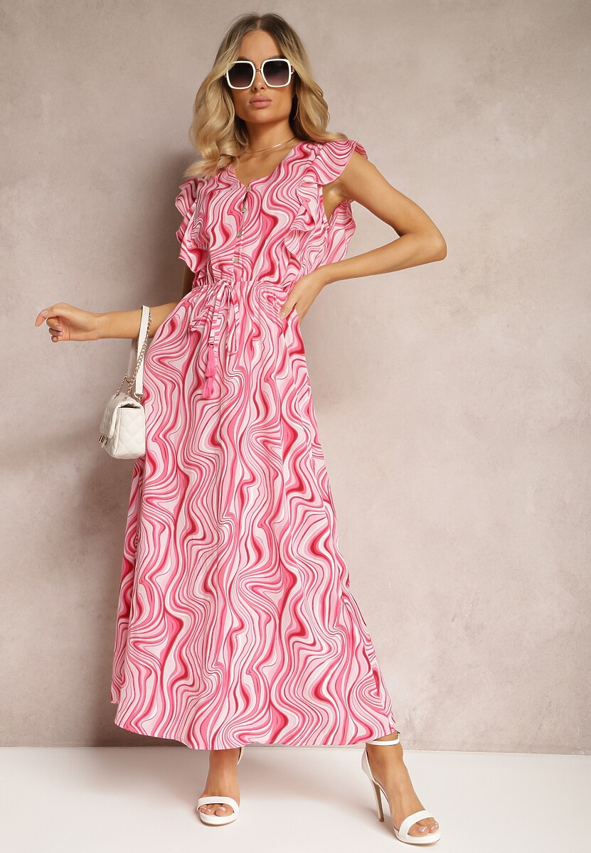 Różowa Rozkloszowana Sukienka z Guzikami i Gumką w Talii Mottella