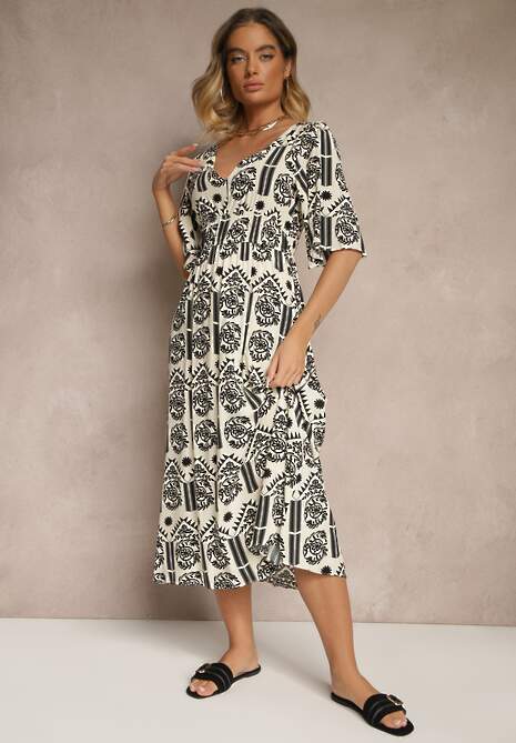 Czarno-Kremowa Sukienka Boho Rozkloszowana z Wiskozy z Odkrytymi Plecami Tuvria