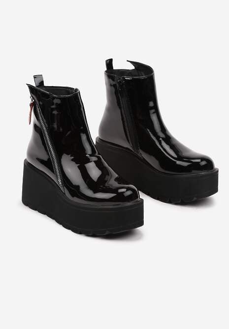 Czarne Lakierowane Botki na Koturnie i Platformie Wykończone Suwakiem Irilorae