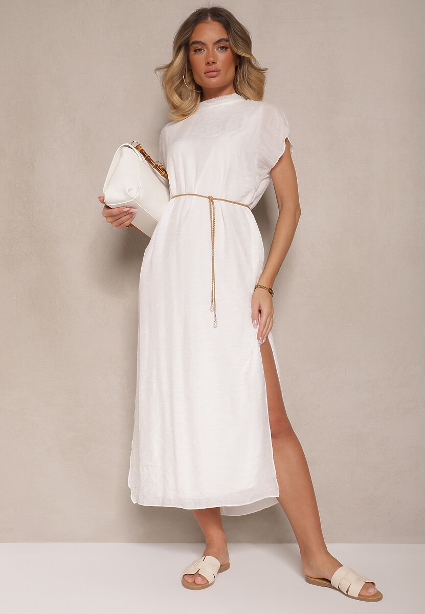 Biała Sukienka o Pudełkowym Kroju z Wiązaniem Napalea
