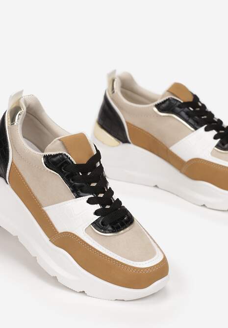 Brązowe Sneakersy na Platformie z Tłoczoną i Metaliczną Wstawką z Tyłu Biorli