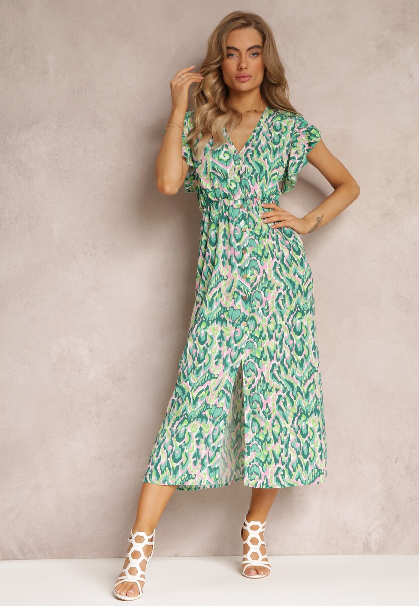 Zielona Rozkloszowana Sukienka Maxi z Kopertowym Dekoltem i Gumką w Pasie Yllia